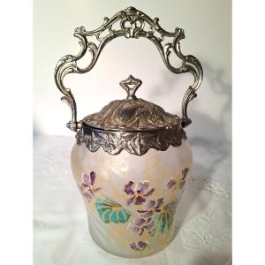 Cookie Bucket Of The Cristalleries Legras, Enamelled Decoration Of Violets, End Of XIXth Century