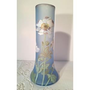 Large Legras Vase Model Lamartine, Decor With Enamelled Anemones On Satin Glass, Circa 1900