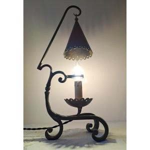 Candlestick With Suspended Wrought Iron Brutalist Style Snuffer