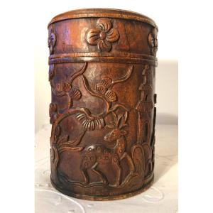 Boîte à Thé ou à Tabac en Bambou Sculpté, Indochine, Fin XIXème Siècle