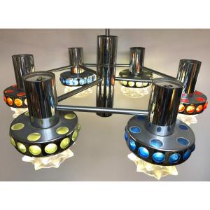 Raak 6-light Hexagonal Chandelier, Space Age Design, 1970s