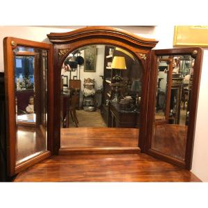 Art Deco Triptych Table Or Dressing Table Mirror, In Mahogany And Bronze, Early 20th Century