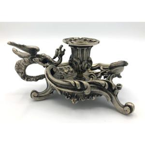 Hand Candle Holder With Chimera Decor In Silver Bronze, Founder's Stamp B.d., 19th Century