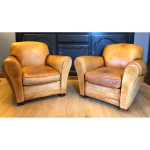 Pair Of Club Armchairs In Cognac Color Leather, 1930s-40s