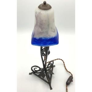 Lampe Art Déco Piètement en Fer Forgé et Tulipe en Pâte de Verre, Début XXème Siècle