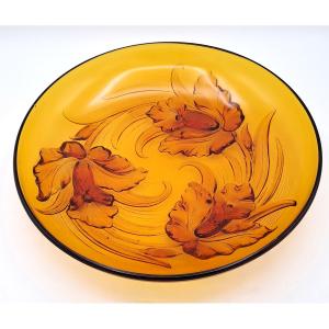 Grande Coupe Verlys France en Verre Pressé Moulé Décor Iris, Art Déco, 1ère moitié XXème siècle
