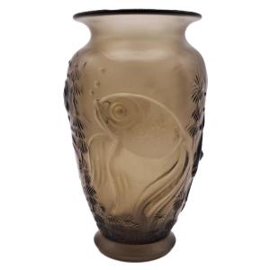 Art Nouveau Vase By Josef Inwald, Koi Carp Series In Pressed And Molded Glass, Early 20th Century