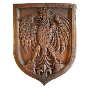 Grand blason à l'Aigle couronné et Fleur de Lys, Sculpture signée E. VALADIÉ, XIXe-XXe 