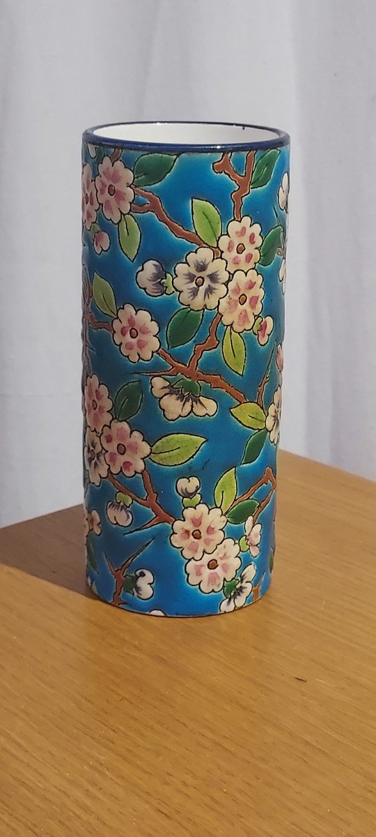 Vase cylindrique Longwy décor fleur de pommier-photo-2
