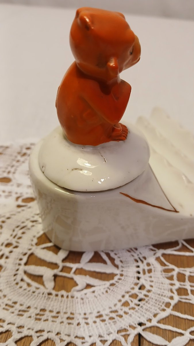 encrier en porcelaine Allemand de 1920 avec petit singe assis-photo-3