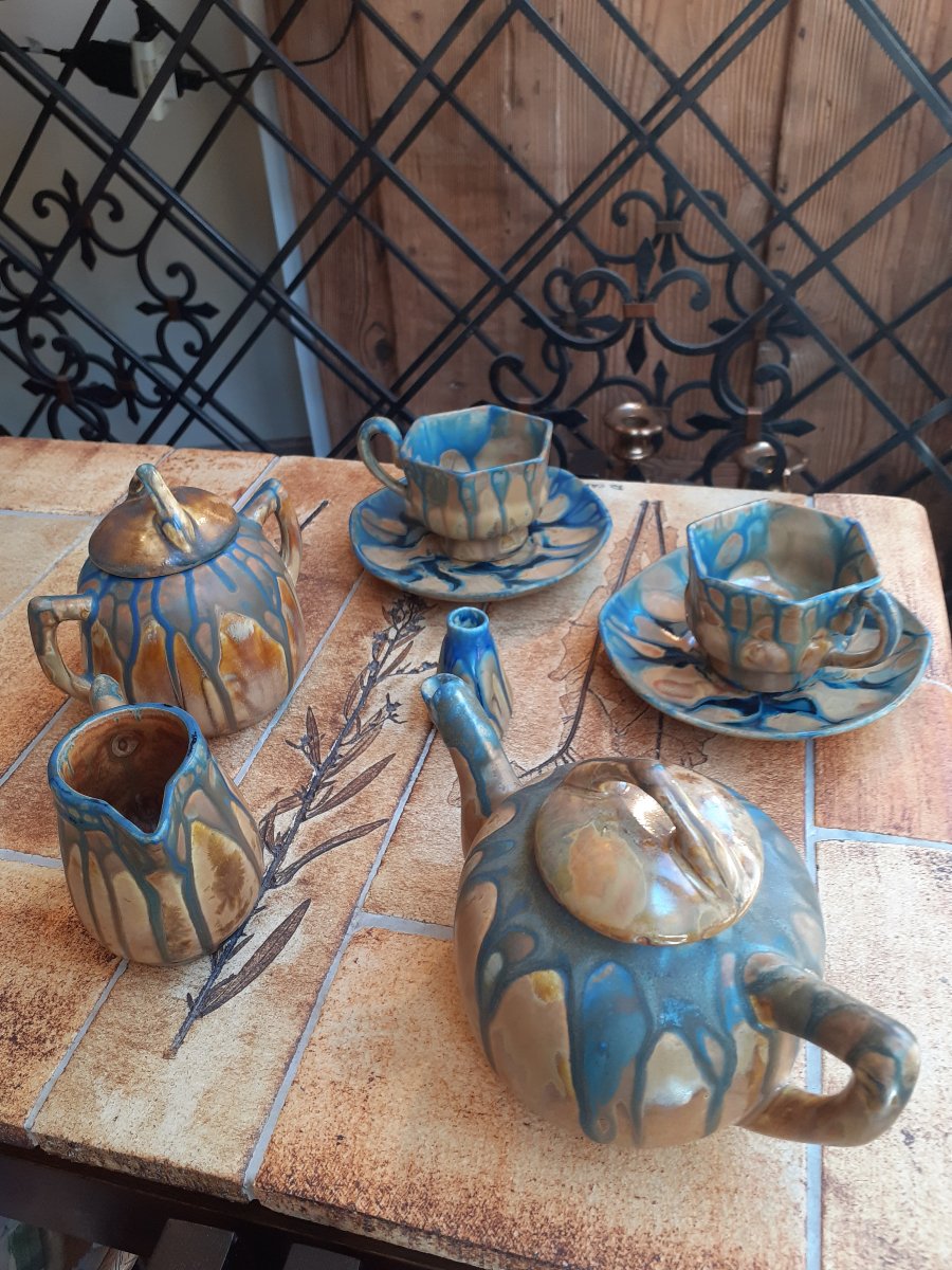 Gilbert Méténier, service à café, grès"bleu de Gannat"