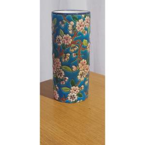Longwy Cylindrical Vase With Apple Blossom Decor