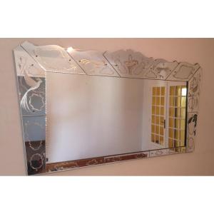 Grand Miroir De Venise, Décor Gravé d'Oiseaux 