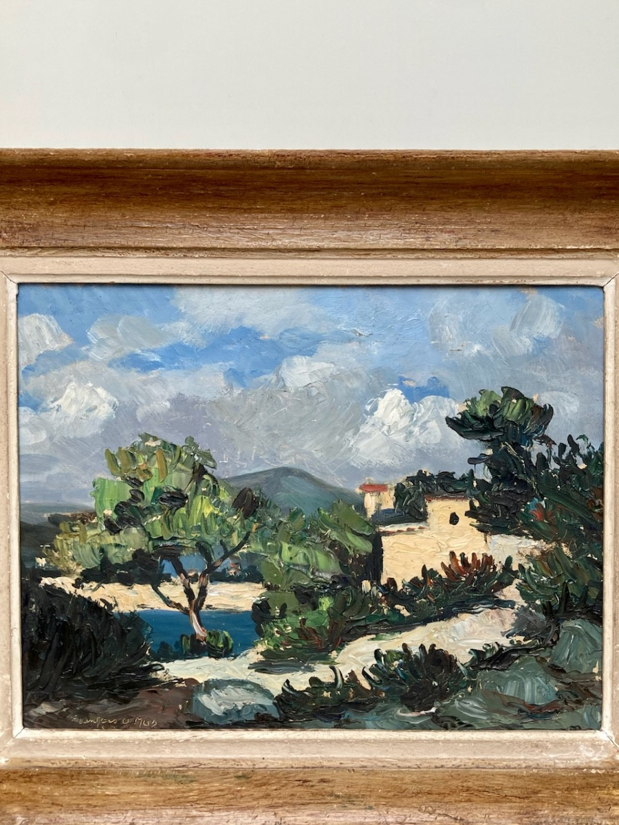 François Claude Mas (XXeme) paysage méditerranéen Sept 51 dans cadre Bouche-photo-2
