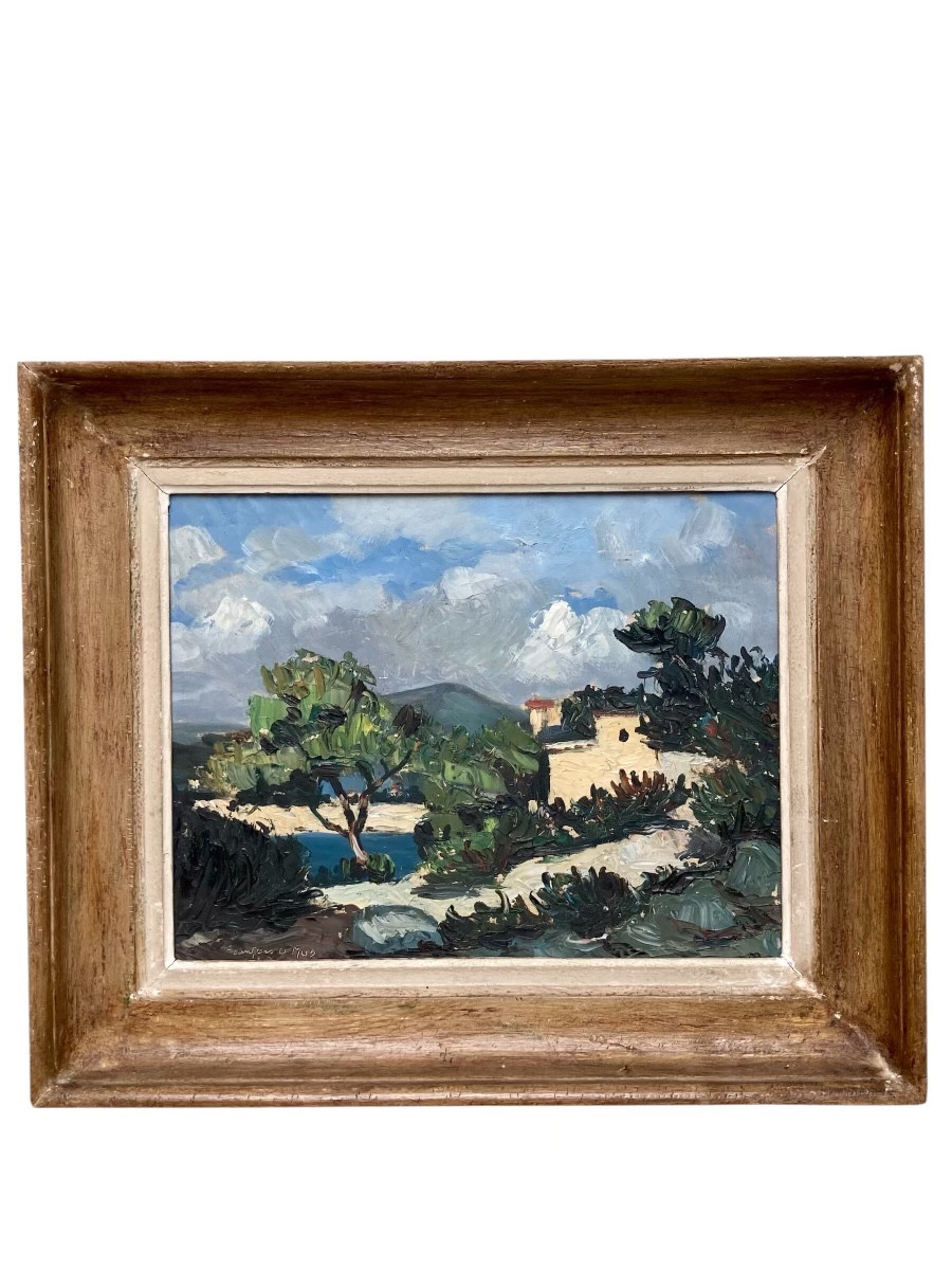 François Claude Mas (XXeme) paysage méditerranéen Sept 51 dans cadre Bouche