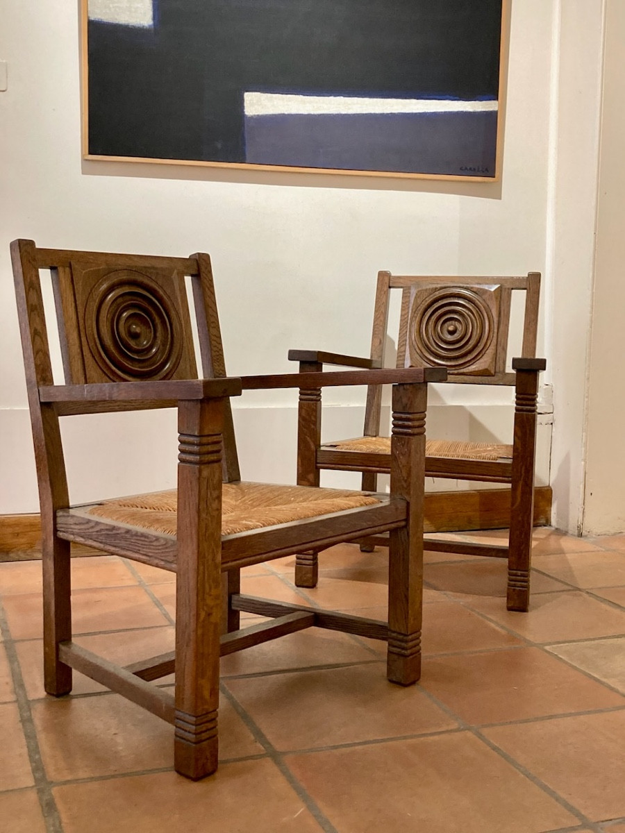 Fauteuils néo-breton circa 1950 chêne massif esprit Seiz Breuer Savina