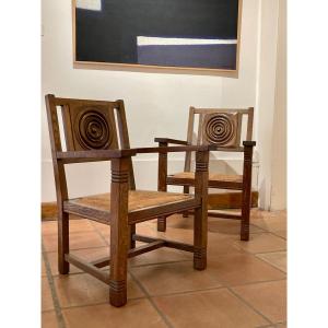 Fauteuils néo-breton circa 1950 chêne massif esprit Seiz Breuer Savina