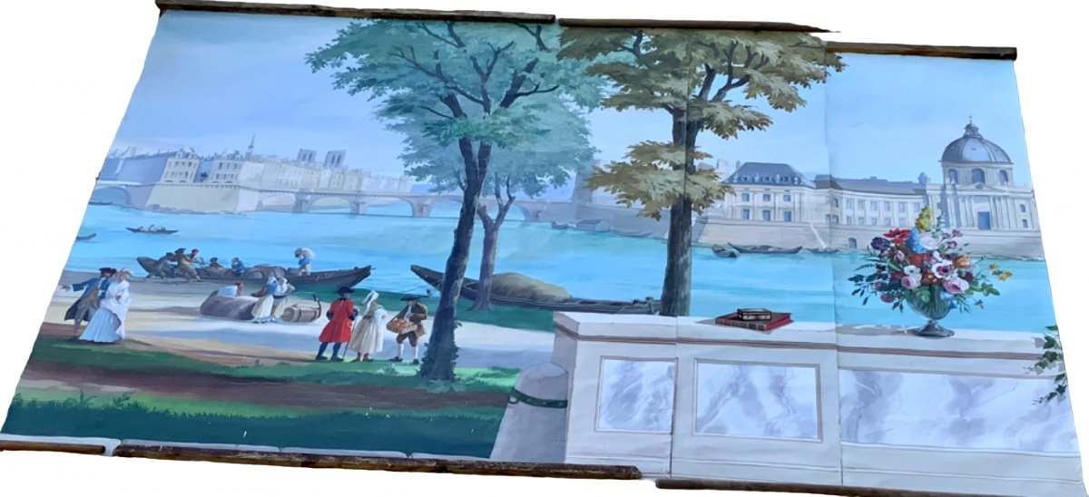 Large Panoramic Painted Canvas XVIIIth Century Style. Century, The Monuments Of Paris