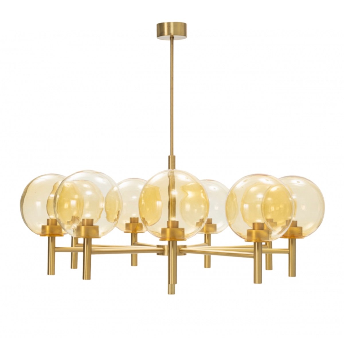 Large Luxus Chandelier With 9 Lights In Golden Brass And Amber Glass Globes, Sweden 1970s/80s-photo-2