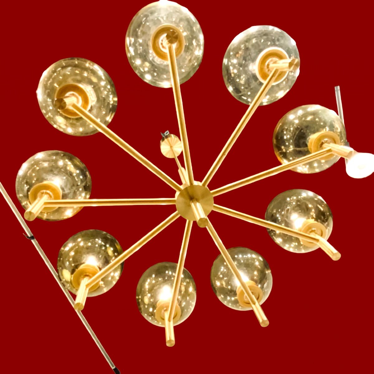 Large Luxus Chandelier With 9 Lights In Golden Brass And Amber Glass Globes, Sweden 1970s/80s-photo-3