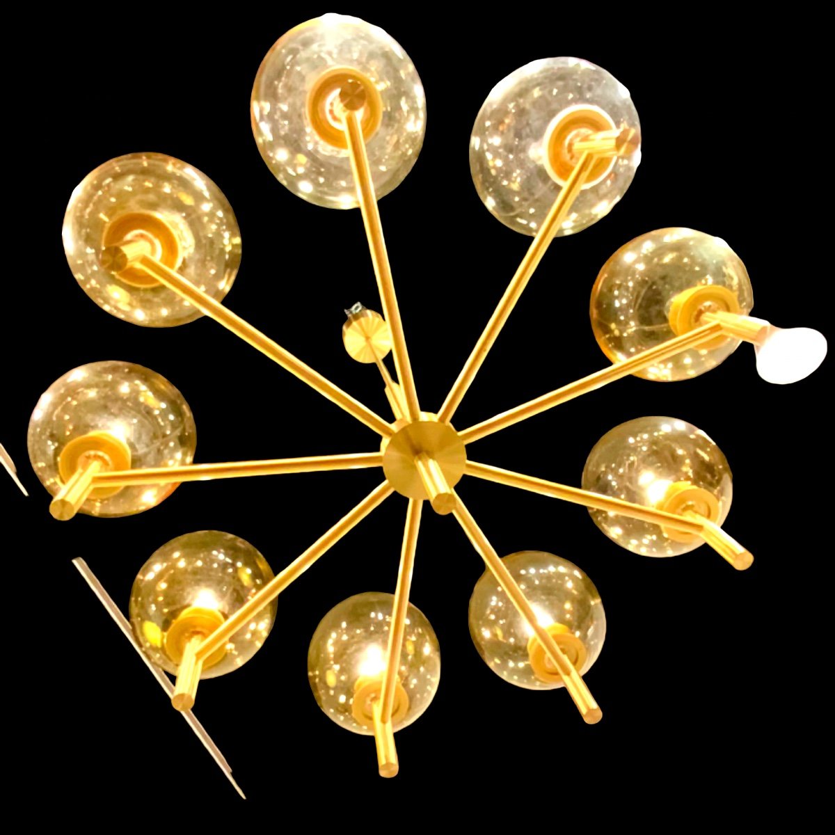 Large Luxus Chandelier With 9 Lights In Golden Brass And Amber Glass Globes, Sweden 1970s/80s-photo-4