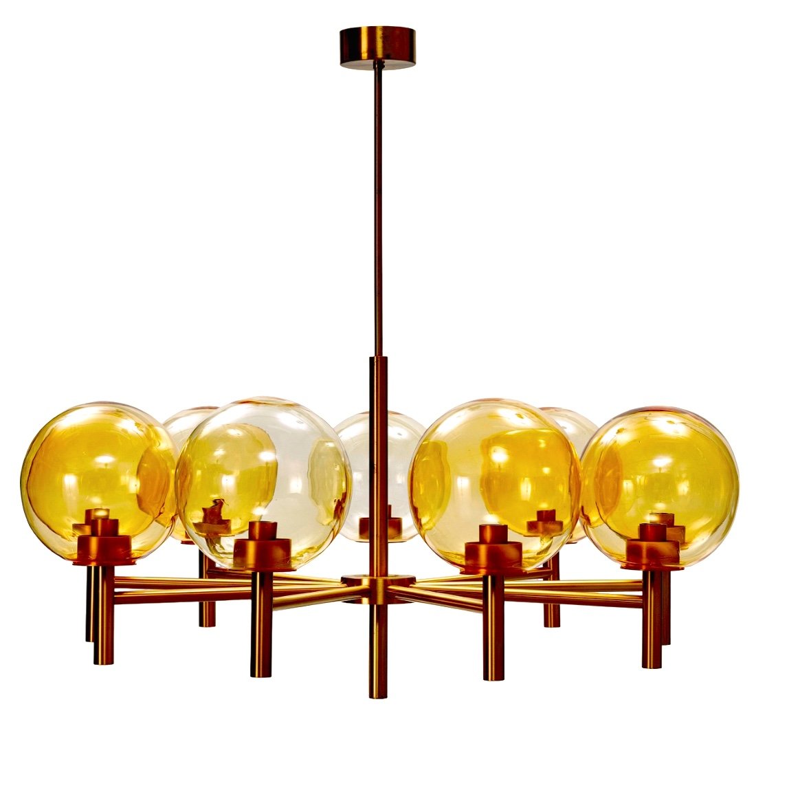 Large Luxus Chandelier With 9 Lights In Golden Brass And Amber Glass Globes, Sweden 1970s/80s-photo-5