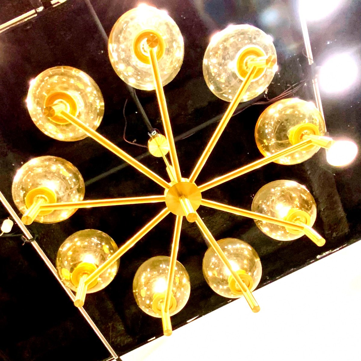 Large Luxus Chandelier With 9 Lights In Golden Brass And Amber Glass Globes, Sweden 1970s/80s-photo-6