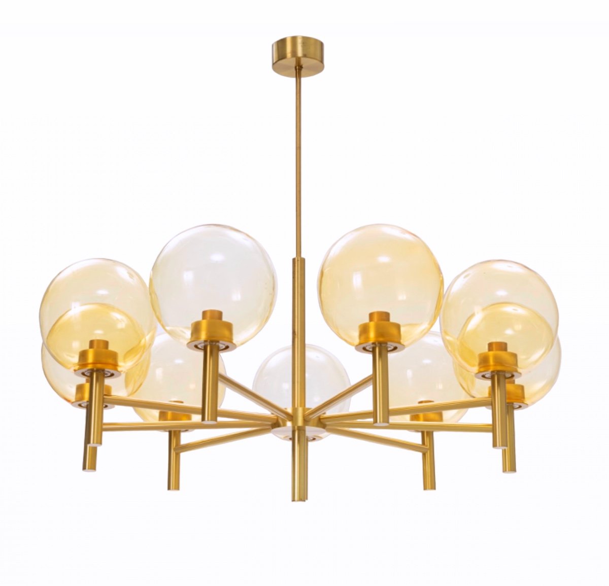 Large Luxus Chandelier With 9 Lights In Golden Brass And Amber Glass Globes, Sweden 1970s/80s-photo-7