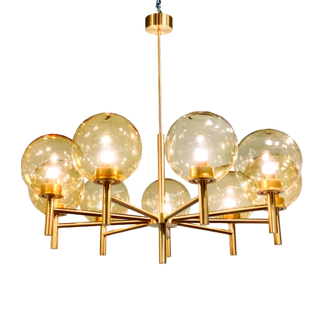 Large Luxus Chandelier With 9 Lights In Golden Brass And Amber Glass Globes, Sweden 1970s/80s-photo-8