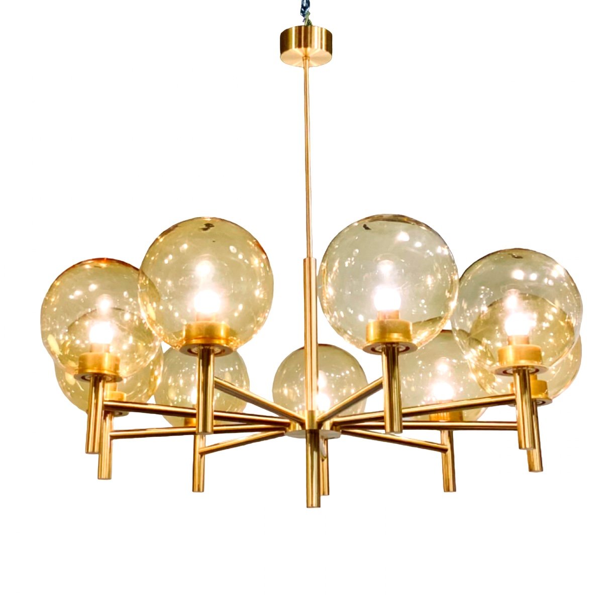 Grand Lustre Luxus à 9 Lumières En Laiton Doré Et Globes De Verre Ambré, Suède Années 1970/80-photo-8