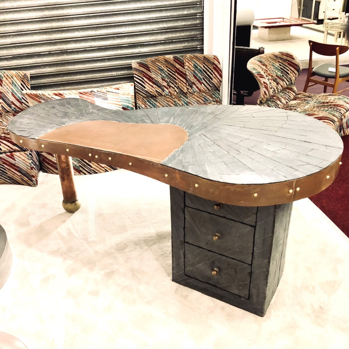 Desk In Slate And Copper Marquetry, Signed, Dated, Probably Unique Piece.-photo-4