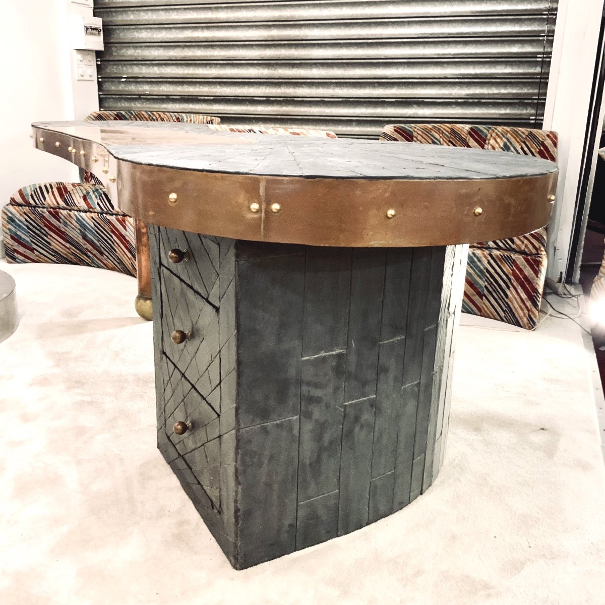 Desk In Slate And Copper Marquetry, Signed, Dated, Probably Unique Piece.-photo-1