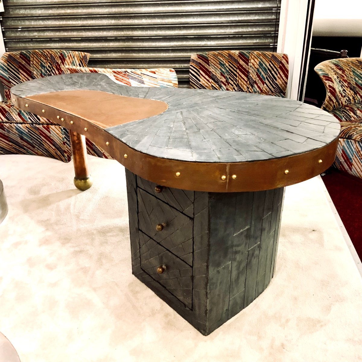 Desk In Slate And Copper Marquetry, Signed, Dated, Probably Unique Piece.-photo-2