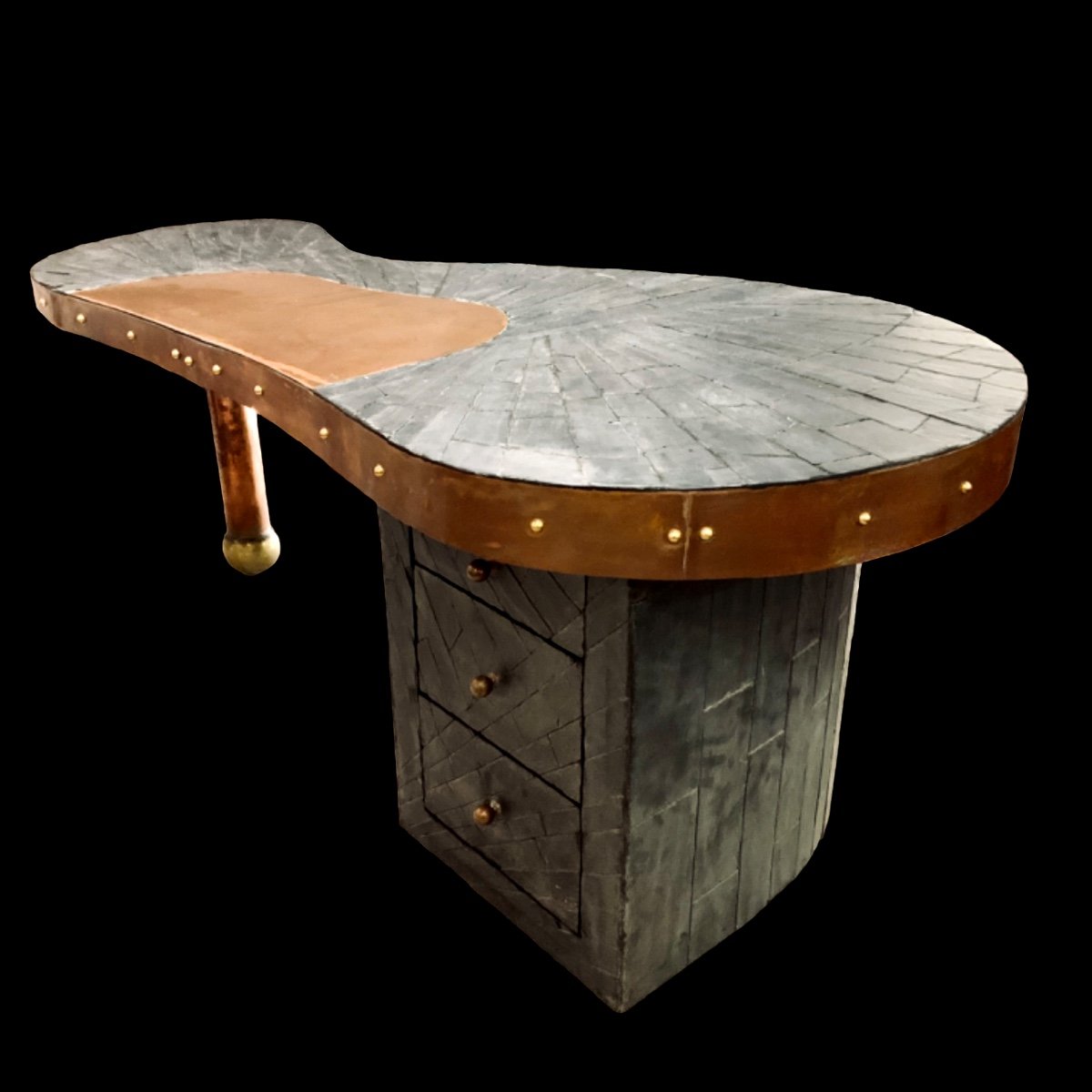Desk In Slate And Copper Marquetry, Signed, Dated, Probably Unique Piece.-photo-4