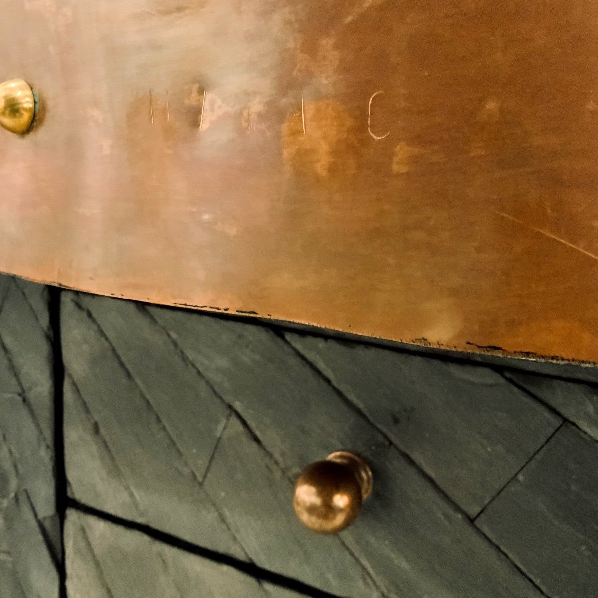 Desk In Slate And Copper Marquetry, Signed, Dated, Probably Unique Piece.-photo-6