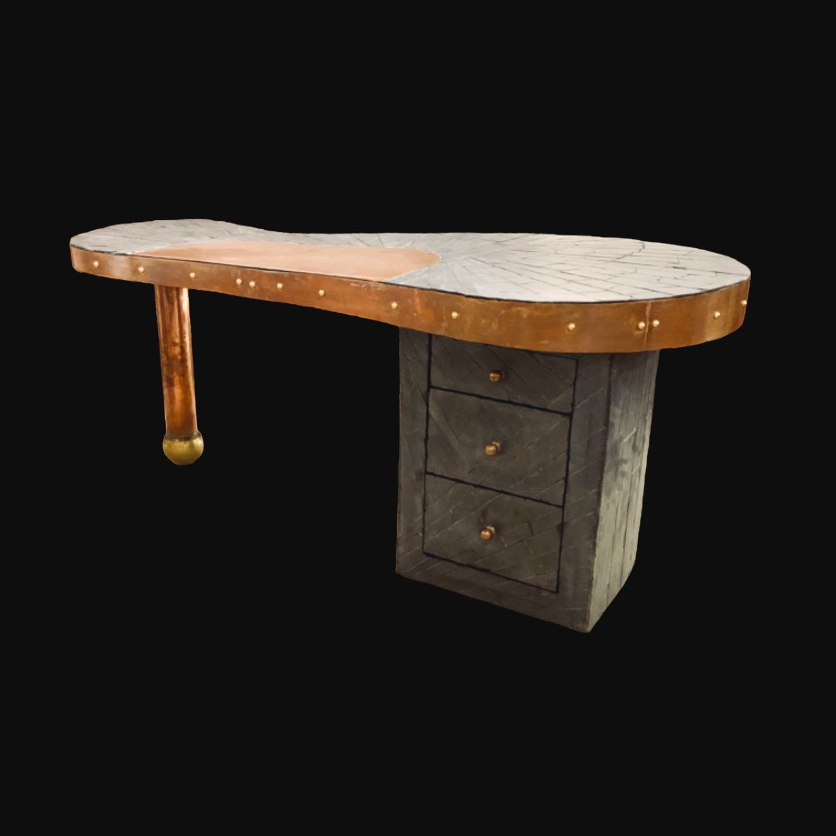 Desk In Slate And Copper Marquetry, Signed, Dated, Probably Unique Piece.