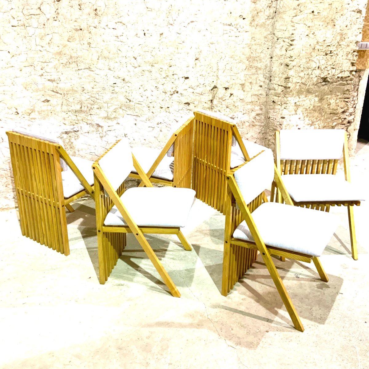 6 Solid Wood Chairs By Tito Pinori, Millepiedi Model, Italy 1970s-photo-3