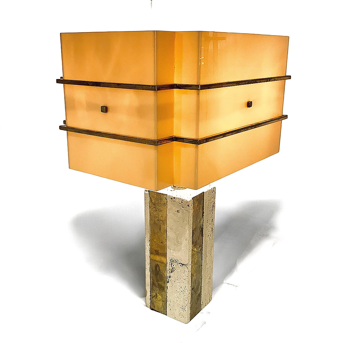 Lampe à Poser En Travertin, Laiton Et Bakélite, Italie Années 1960/70