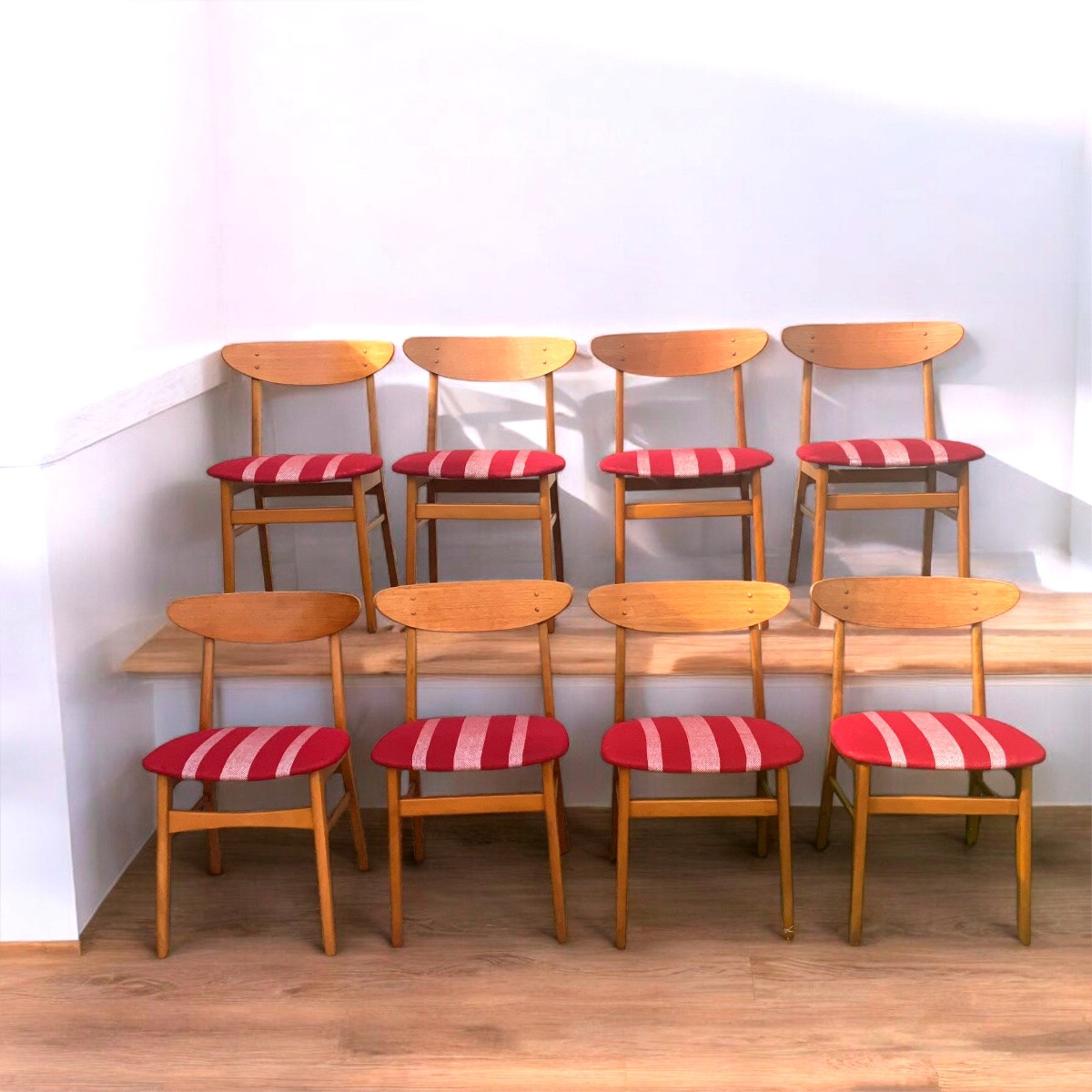 Série de 8 chaises design scandinave années 1960/70 en hêtre massif et teck-photo-2