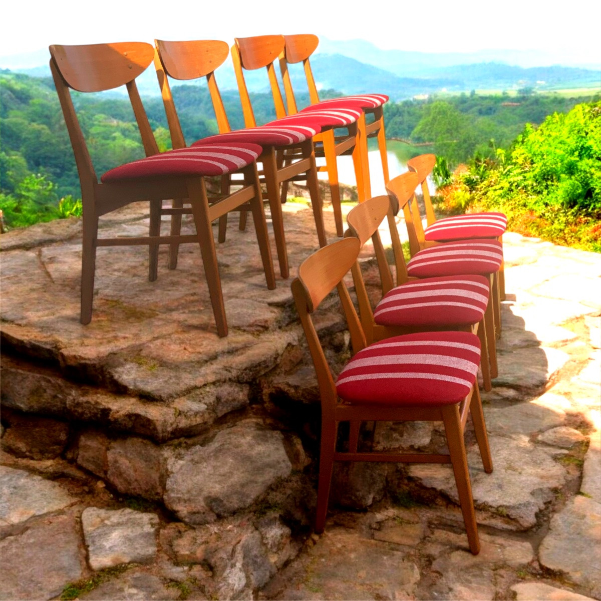 Série de 8 chaises design scandinave années 1960/70 en hêtre massif et teck-photo-3