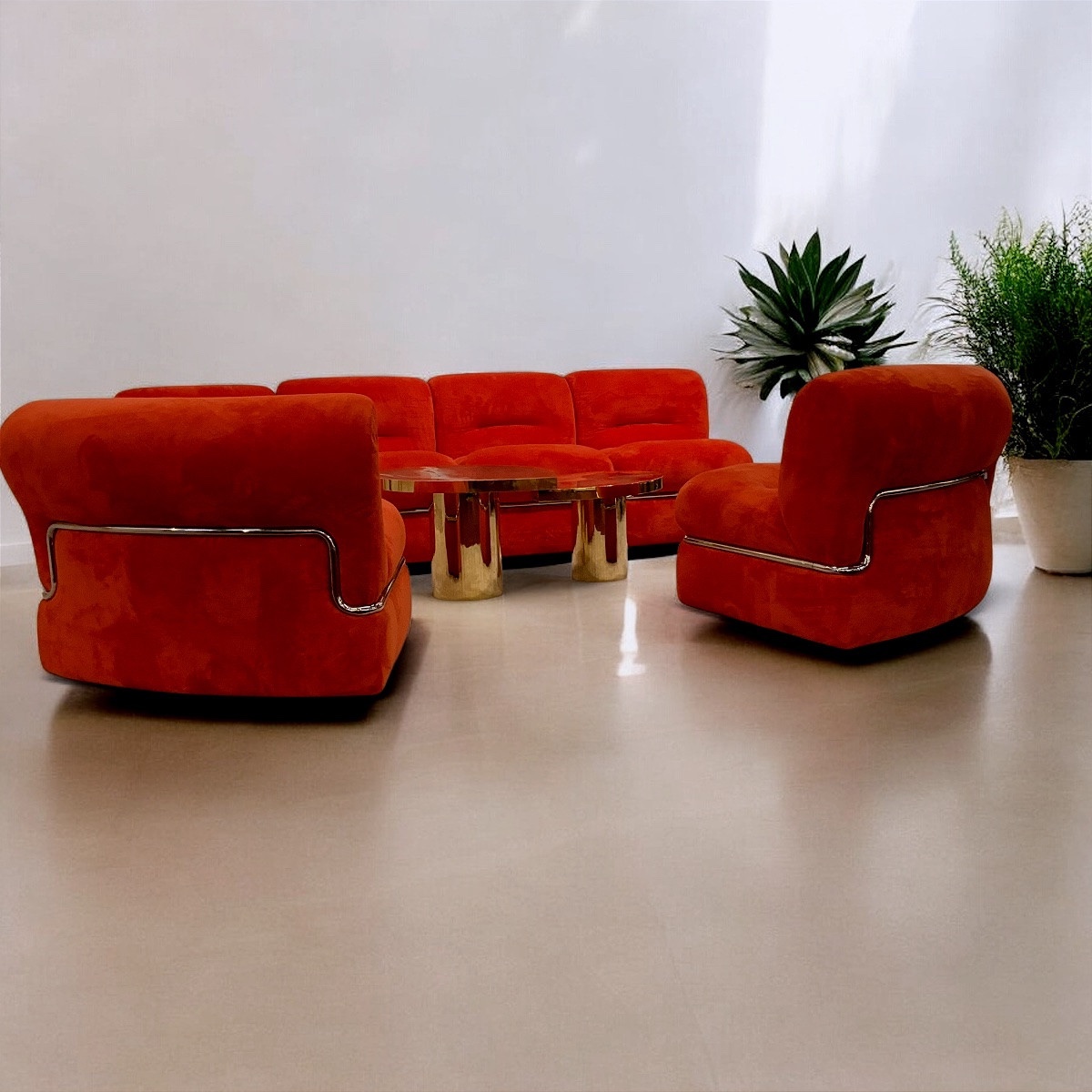 Grand canapé italien modulable années 1970 en tissu et chrome-photo-3