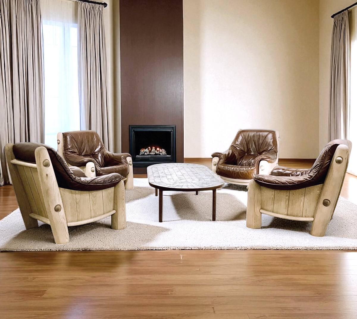 4 1950s/60s Oak And Leather Armchairs-photo-1