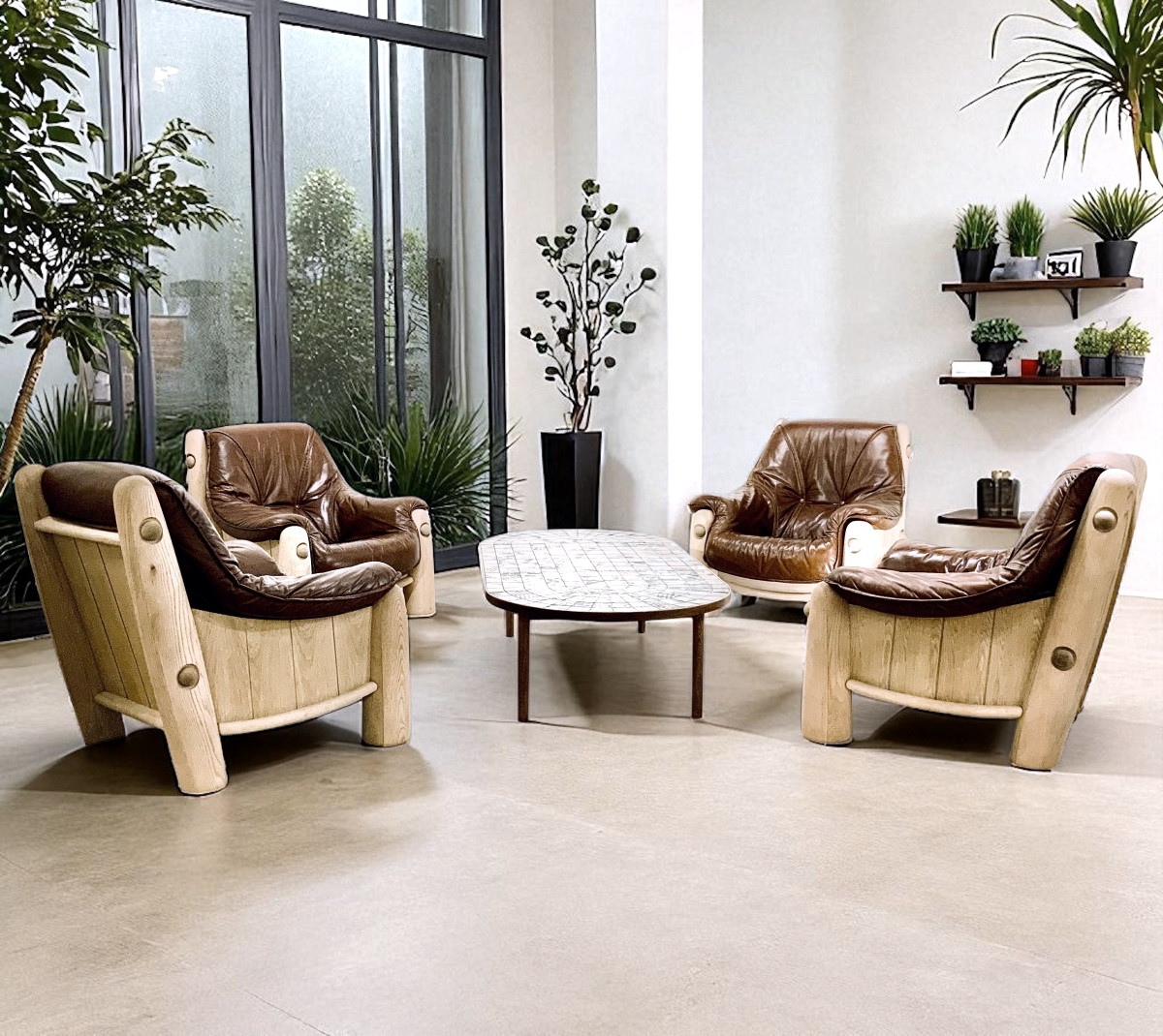 4 1950s/60s Oak And Leather Armchairs-photo-2