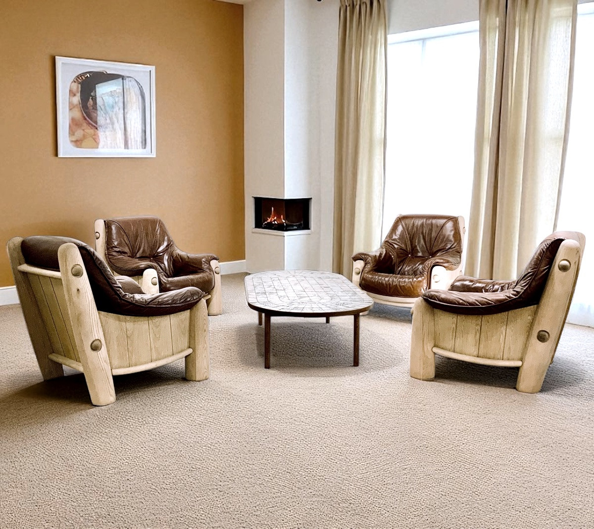 4 1950s/60s Oak And Leather Armchairs-photo-3