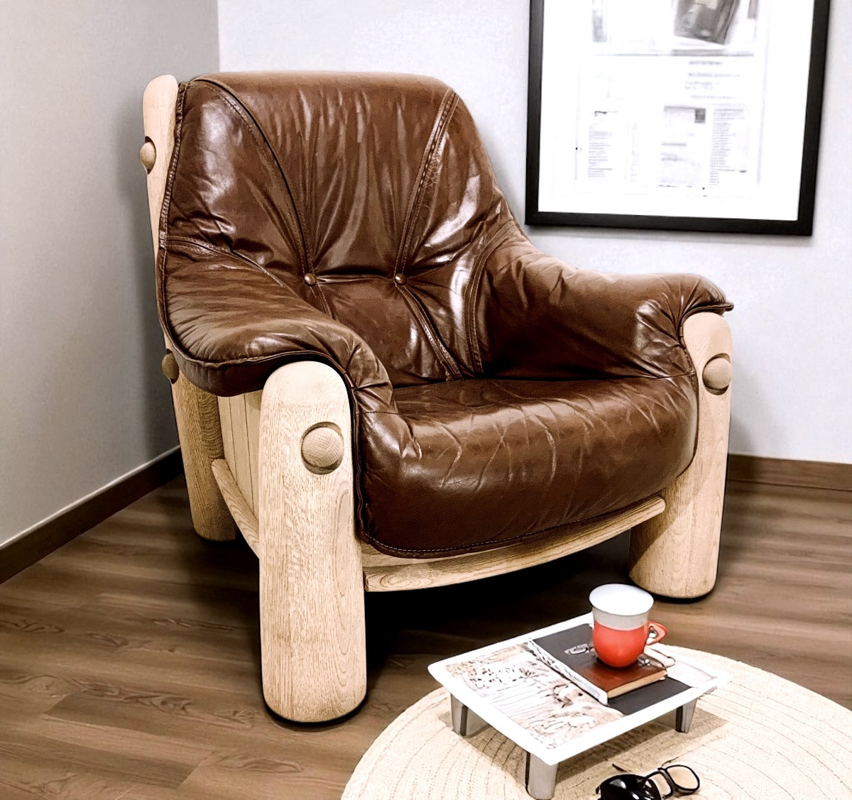 4 1950s/60s Oak And Leather Armchairs-photo-5