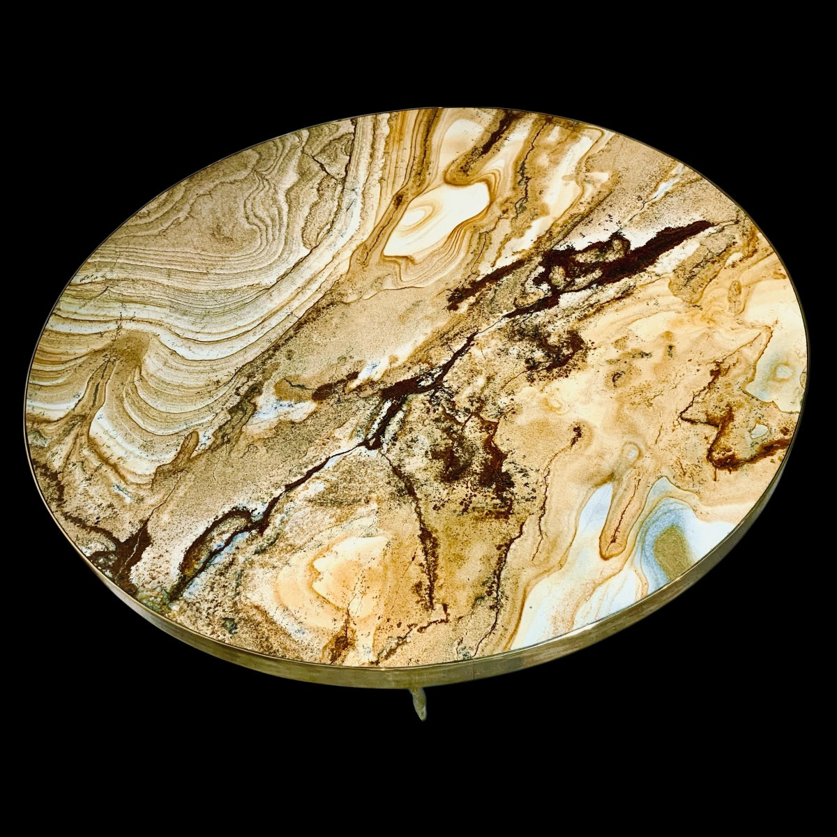 Round Coffee Table, Onyx Top Resting On Brass Legs-photo-2