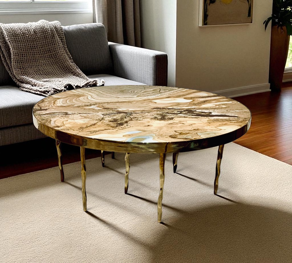 Round Coffee Table, Onyx Top Resting On Brass Legs-photo-4