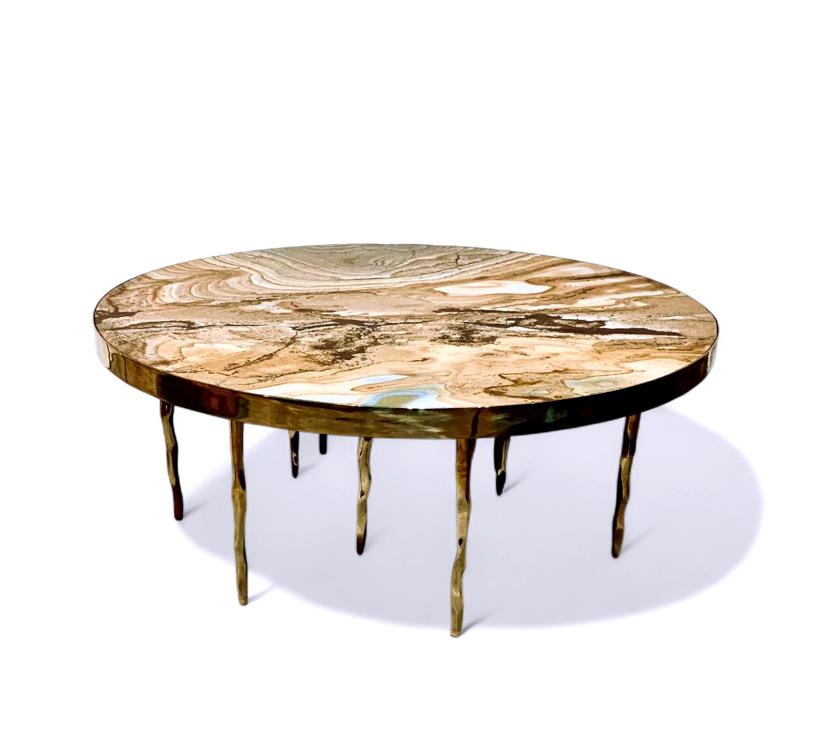 Round Coffee Table, Onyx Top Resting On Brass Legs