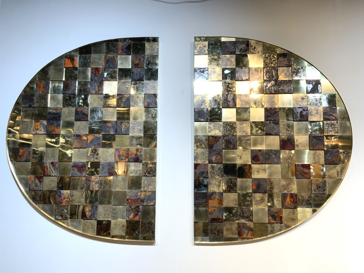 Panneau mural ovale en laiton et céramique de Stéphane Lemeur