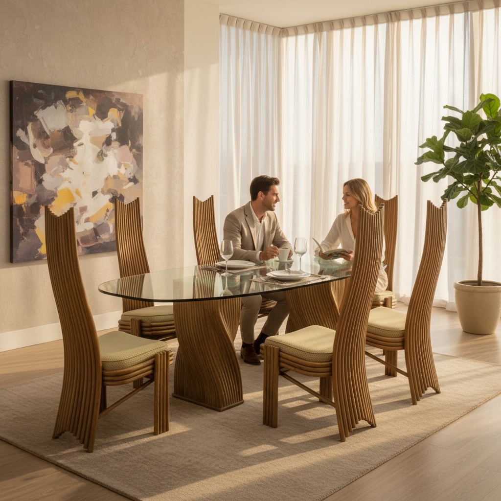 Salle à manger, table + 2 fauteuils et 6 chaises bambou design 1970/80 de Mac Guire signée-photo-7